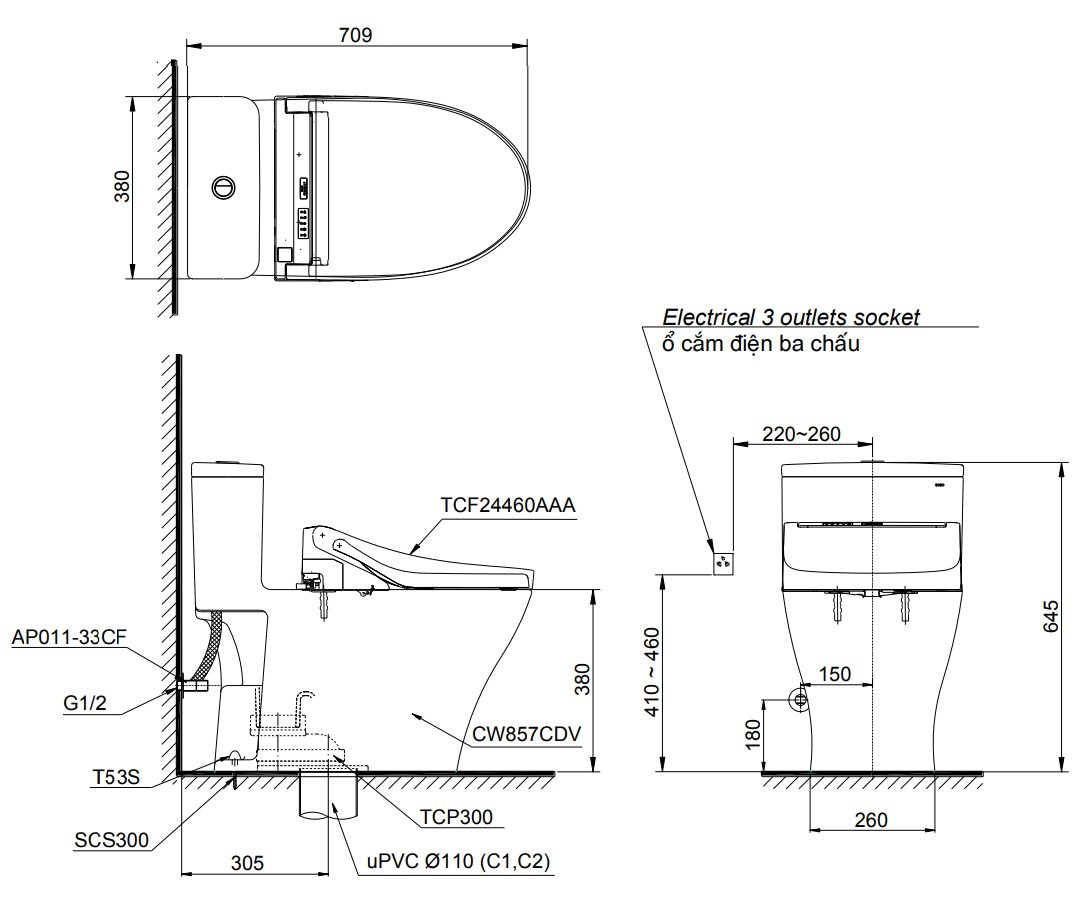 ban-ve-bon-cau-dien-tu-toto-ms857cdw15 Bản vẽ kích thước bồn cầu Washlet MS857W15 TOTO