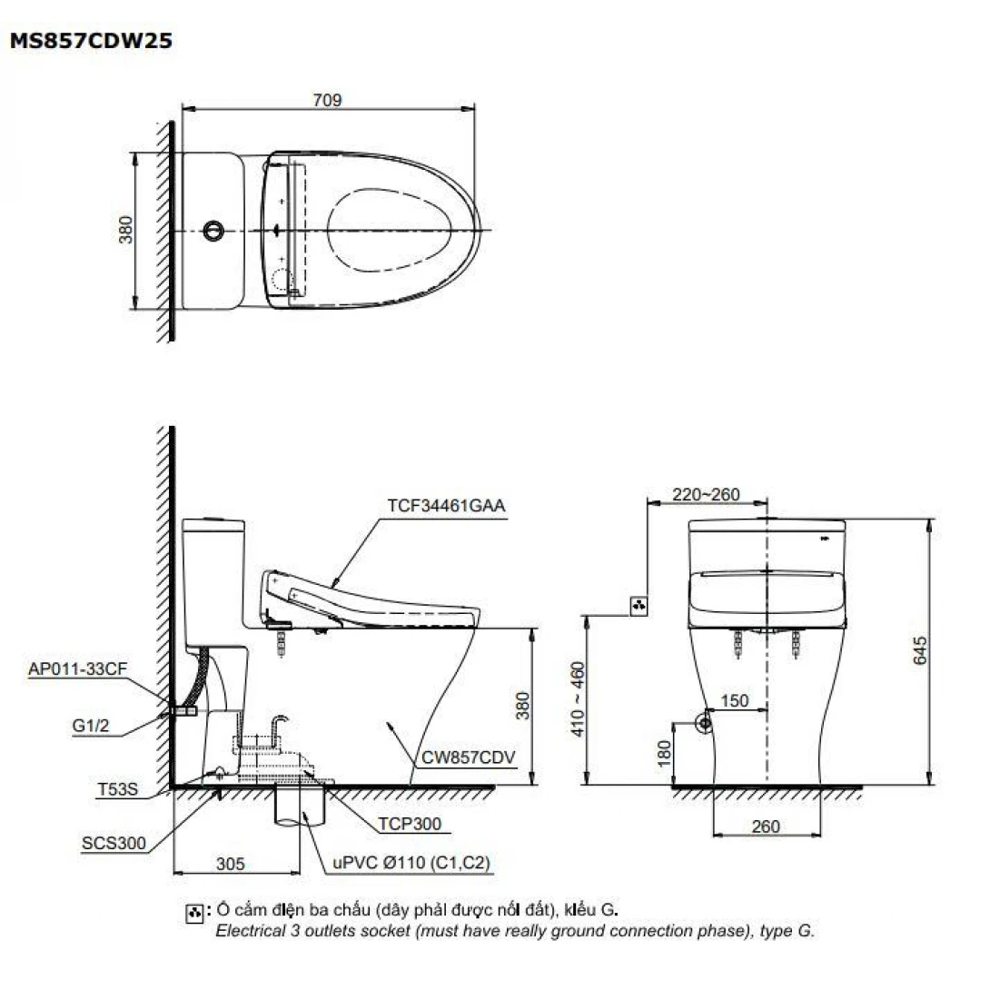 Bồn Cầu Điện Tử TOTO MS857DW25 Nắp Rửa Washlet TCF34461GAA S5 - Ảnh 6