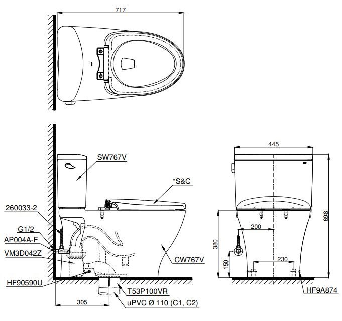 ban-ve-bon-cau-toto-cs767crw15-1 Bản vẽ kích thước bồn cầu TOTO CS767CRW15