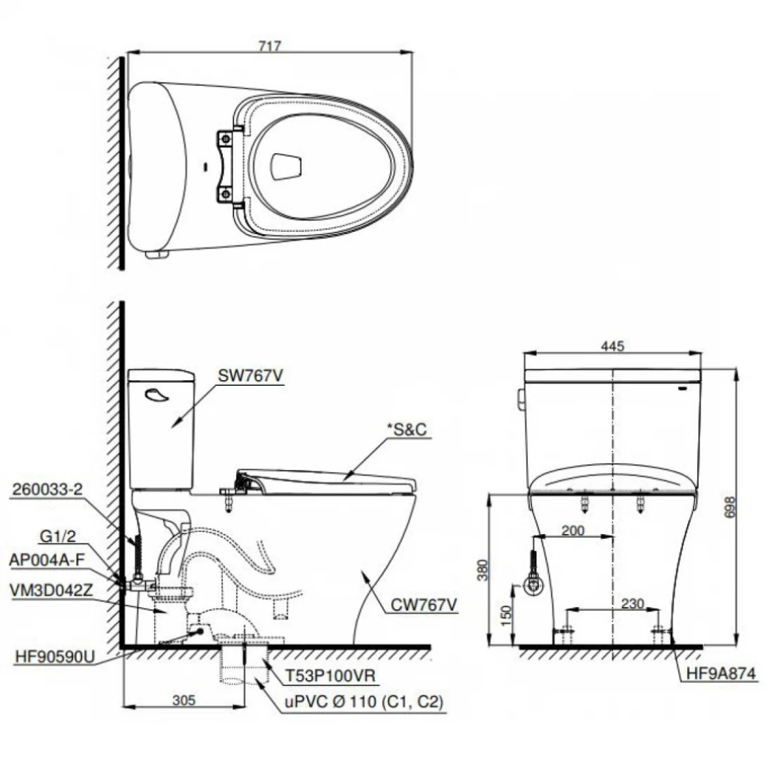 Bồn Cầu Điện Tử TOTO CS767CRW23#XW Nắp Rửa Washlet TCF47360GAA S7 Giấu Dây - Ảnh 2
