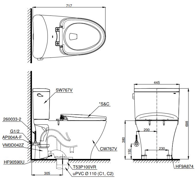 ban-ve-bon-cau-toto-cs767cw12-1 Bản vẽ bồn cầu 2 khối TOTO CS767CW12
