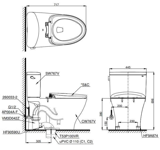 ban-ve-bon-cau-toto-cs767w16-1 Bản vẽ kích thước bồn cầu CS767 TOTO nắp điện tử TCF23410AAA