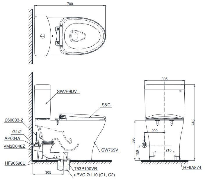 ban-ve-bon-cau-toto-cs769drw16-1 Bản vẽ kích thước bồn cầu CS769DR TOTO nắp điện tử TCF23410AAA