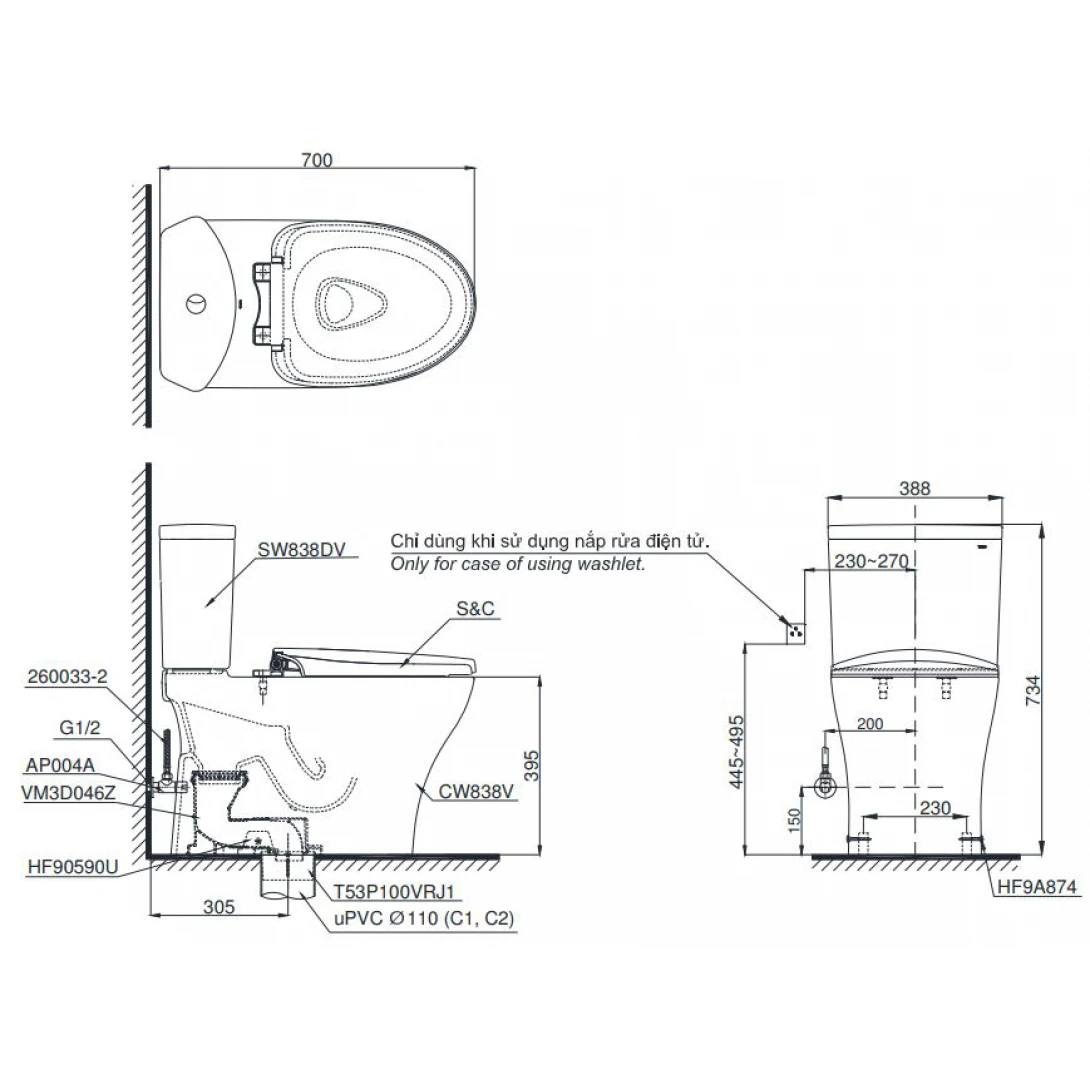 Bồn Cầu Điện Tử TOTO CS838CDW12 Nắp Rửa Washlet Giấu Dây - Ảnh 2
