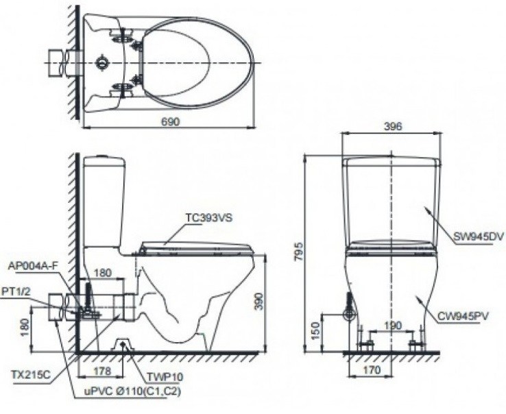 ban-ve-bon-cau-toto-cs945dpw18 Bản vẽ kích thước bồn cầu CS945P TOTO nắp điện tử TCF23710AAA