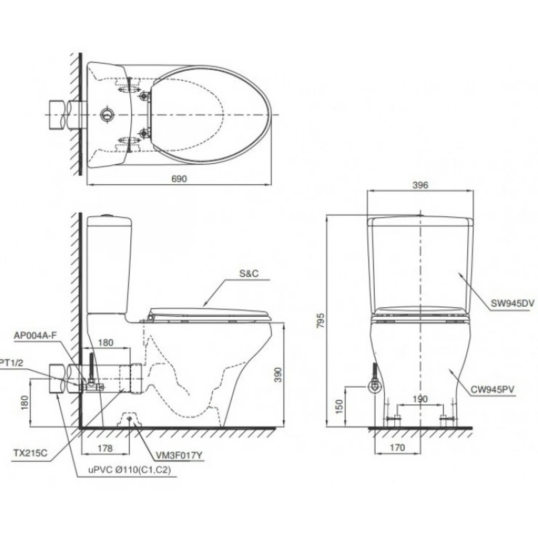 Bồn Cầu Hai Khối TOTO CS945PDT10 Thoát Ngang - Ảnh 2