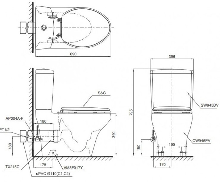 ban-ve-bon-cau-toto-cs945pdt10 Bản vẽ kĩ thuật bồn cầu TOTO CS945PDT10 thoát ngang