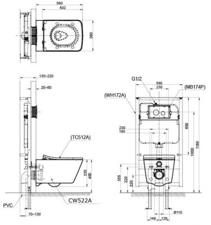 ban-ve-bon-cau-toto-cw522a-tc512a-wh172a-mb170p-ss Bản vẽ kích thước xí bệt Toto CW522A WH172A MB170P#SS