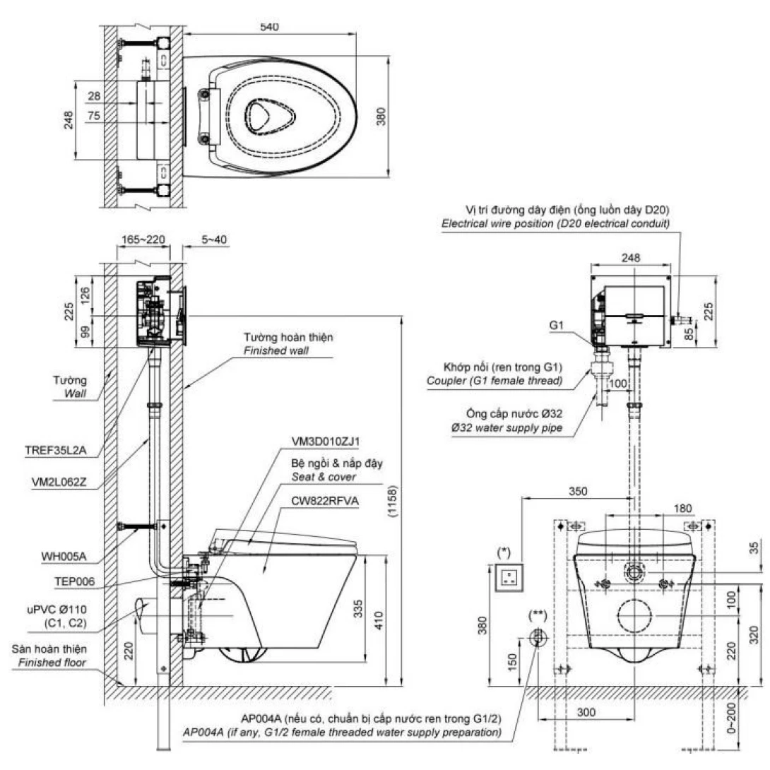 Bồn Cầu Treo Tường Xả Tự Động TOTO CW822RFVA1/TC600VS/TREF35L2A/WH005A - Ảnh 2