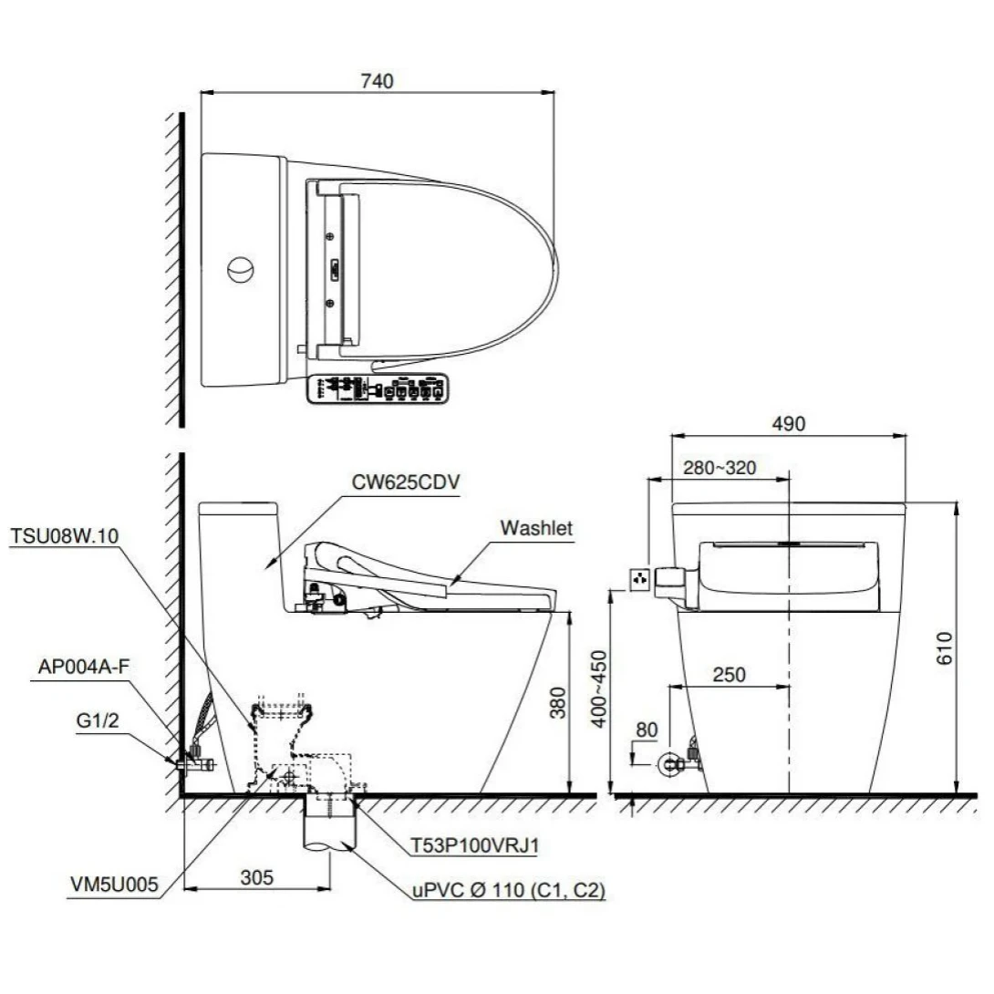 Bồn Cầu Điện Tử TOTO MS625CDW23 Nắp Rửa Washlet TCF47360GAA S7 Giấu Dây - Ảnh 2