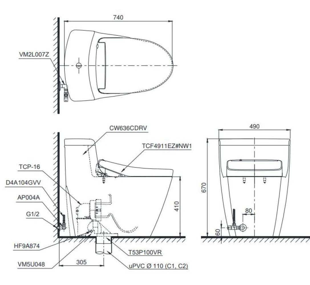 ban-ve-bon-cau-toto-ms636cdrw23 Bản vẽ kích thước bồn cầu 1 khối TOTO MS 636CDRW23
