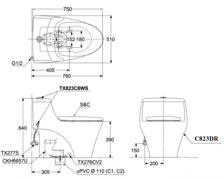 ban-ve-bon-cau-toto-ms823drt2 Bản vẽ kịch thước bồn cầu liền khối TOTO MS823