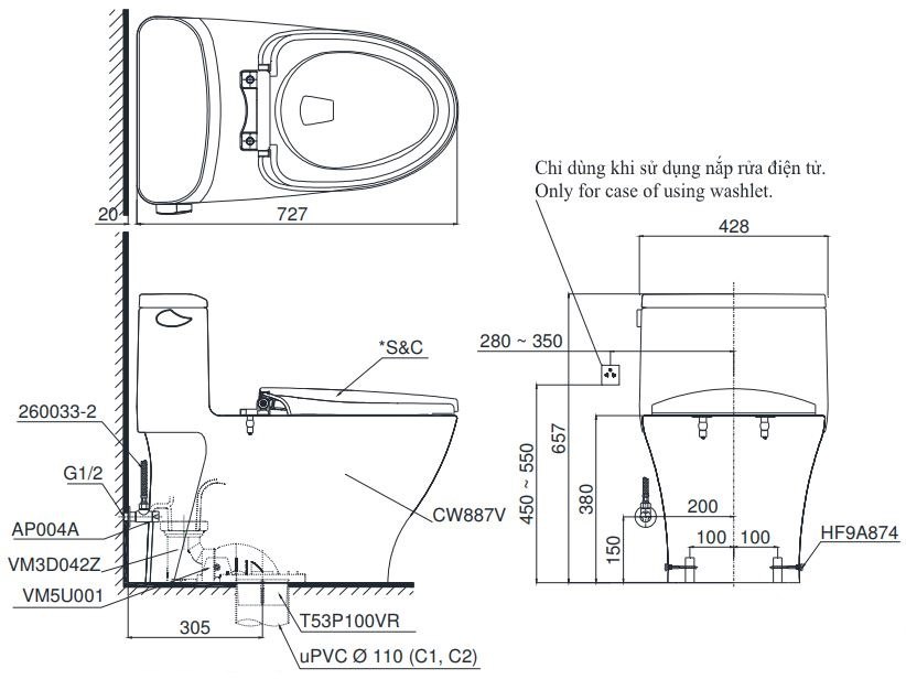 ban-ve-bon-cau-toto-ms887crw17-1 Bản vẽ kích thước bồn cầu C887CR TOTO nắp điện tử TCF23410AAA W17