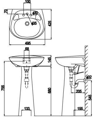 ban-ve-chau-rua-lavabo-inax-l284v-l284vd Bản vẽ bồn rửa mặt lavabo INAX L284V kèm chân L284VD