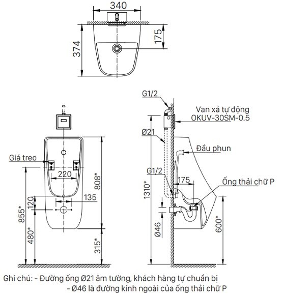 ban-ve-inax-au-468vac Bản vẽ kích thước bệ tiểu Inax AU 468VAC xả 0,5 lít