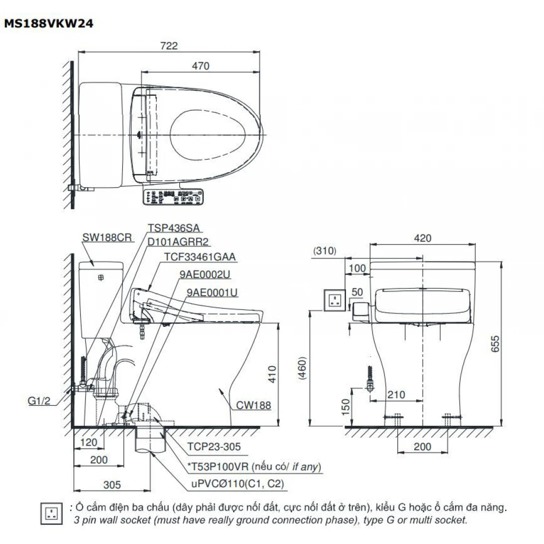 Bồn Cầu Điện Tử TOTO MS188VKW24#XW Nắp Rửa Washlet TCF33461GAA S2 - Ảnh 10