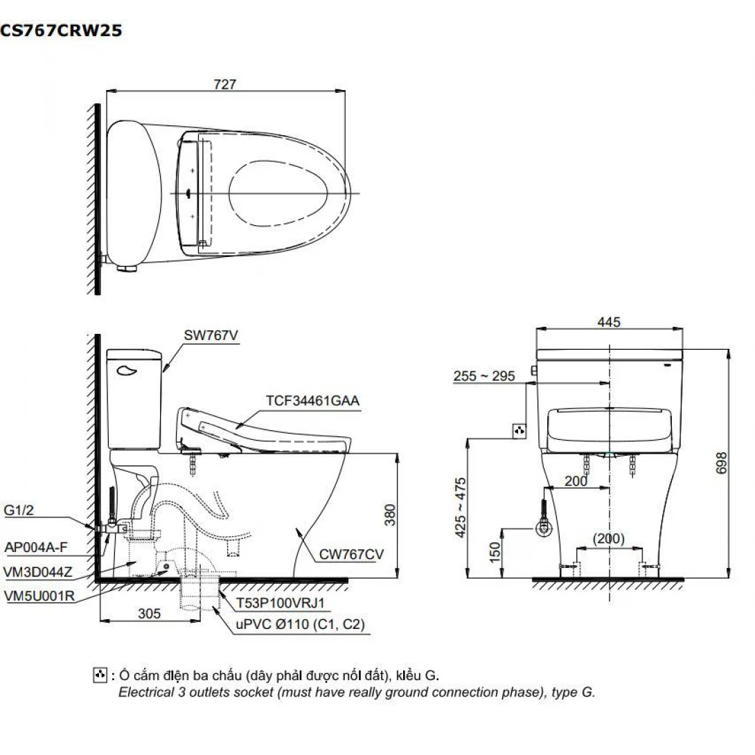 Bồn Cầu Điện Tử TOTO CS767RW25#XW Nắp Rửa Washlet TCF34461GAA S5 - Ảnh 2