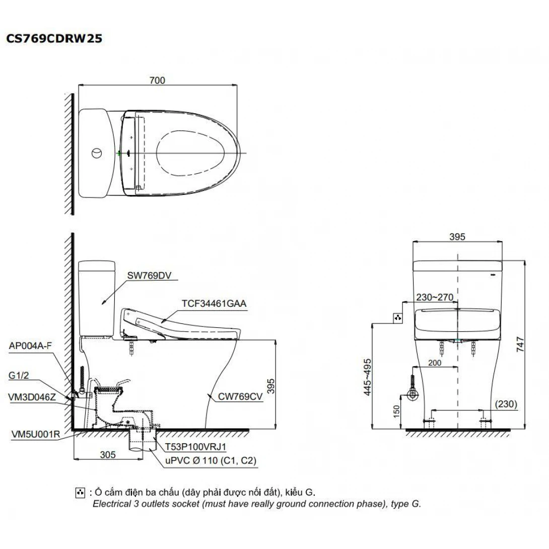 Bồn Cầu Điện Tử TOTO CS769CDRW25 Nắp Rửa Washlet TCF34461GAA S5 Giấu Dây - Ảnh 2