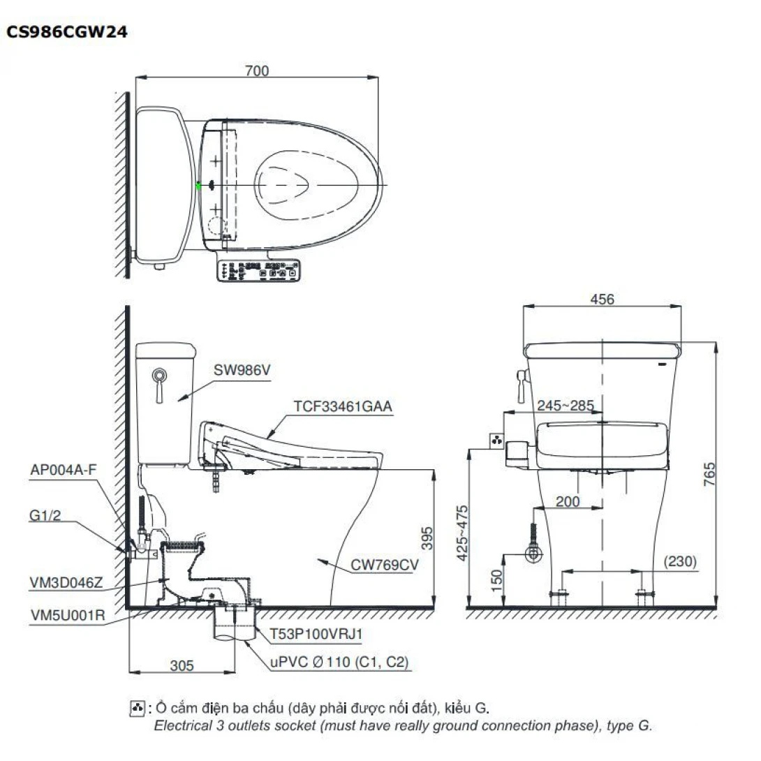 Bồn Cầu Điện Tử TOTO CS986CGW24#XW Washlet TCF33461GAA S2 Giấu Dây - Ảnh 2