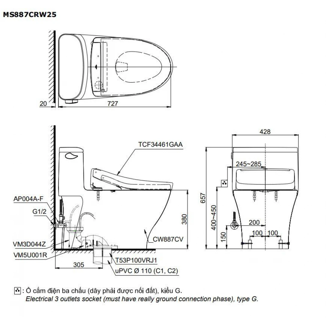 Bồn Cầu Điện Tử TOTO MS887RW25 Nắp Rửa Washlet TCF34461GAA S5 - Ảnh 7