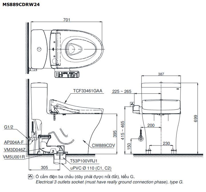 Bản vẽ kích thước bồn cầu MS889DRW24