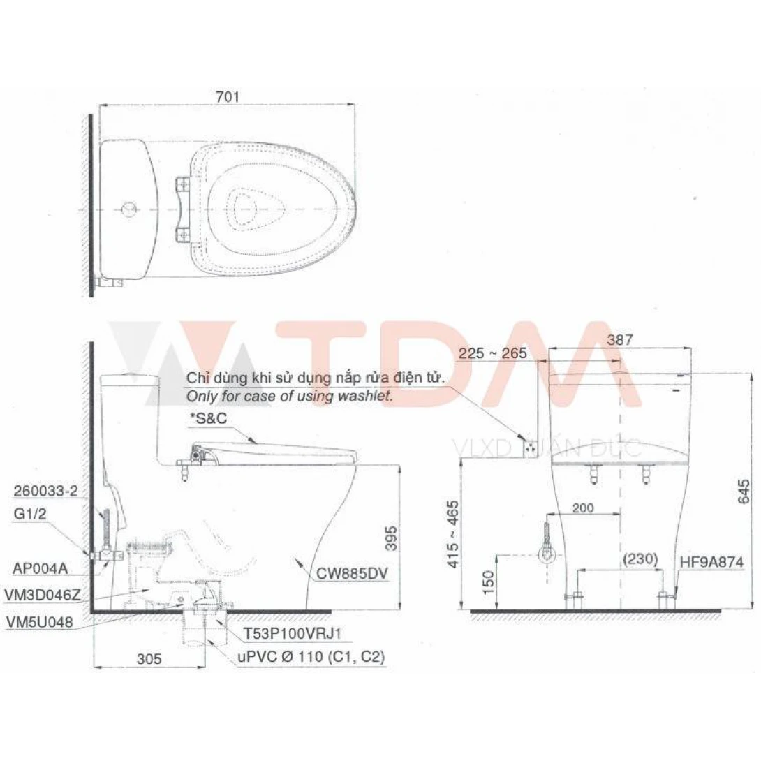 Bồn Cầu TOTO MS885DT2 1 Khối Nắp TC393VS - Ảnh 11