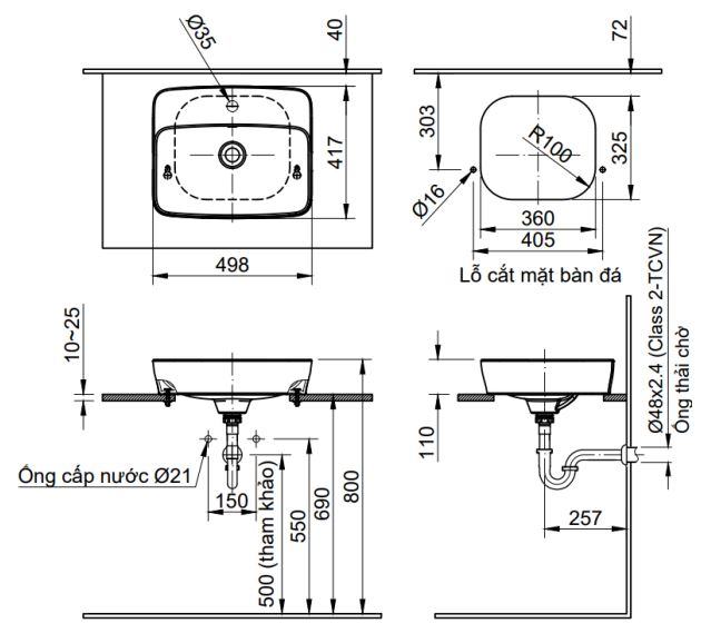 Bản vẽ kích thước lavabo INAX AL286V đặt bàn