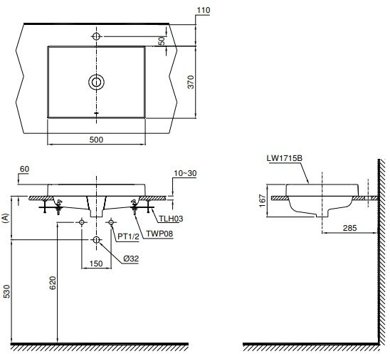 ban-ve-lavabo-toto-l1715 Bản vẽ bồn rửa mặt lavabo TOTO 1715 đặt bàn