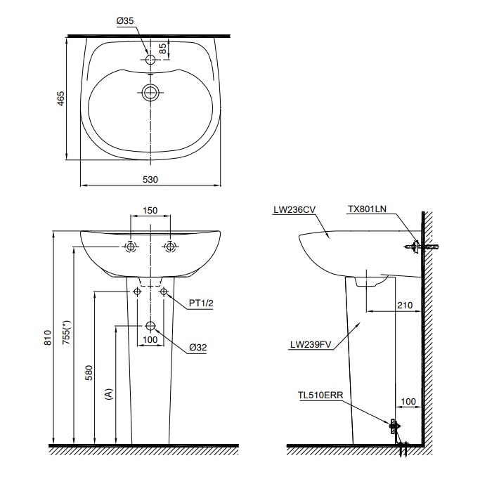 ban-ve-lavabo-toto-lpt236c Bản vẽ bồn rửa mặt lavabo TOTO LPT236CS