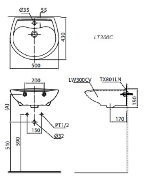 ban-ve-lavabo-toto-lt300c Bản vẽ chậu rửa mặt lavabo TOTO LT300C