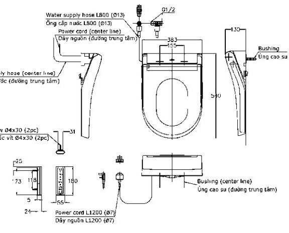 ban-ve-nap-toto-tcf34570gaa Bản vẽ kích thước nắp bồn cầu Washlet Toto TCF34570GAA