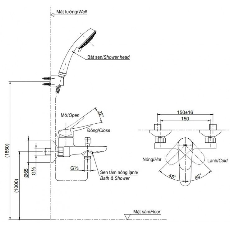 ban-ve-sen-tam-toto-tbs04302v-tbw07009a Bản vẽ kích thước vòi sen TOTO TBS04302V