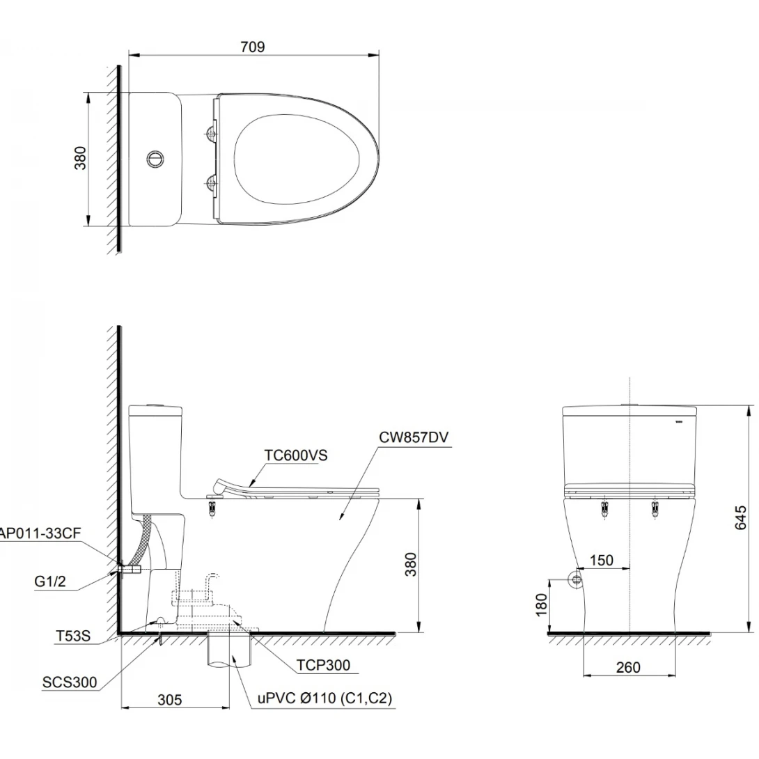 Bồn Cầu TOTO MS857DT2 1 Khối Nắp TC393VS - Ảnh 2