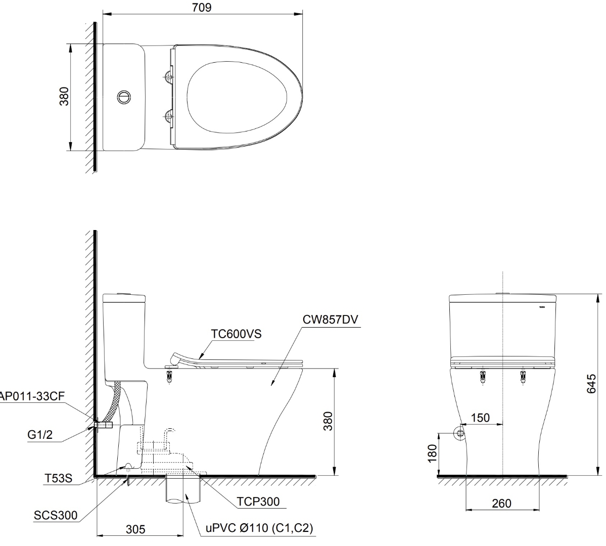ban-ve-toto-ms857dt2 Bản vẽ kích thước xí bệt C857D TOTO nắp êm TC393VS