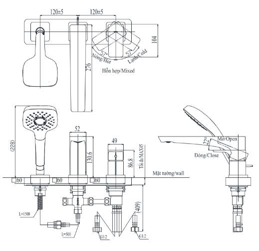 ban-ve-toto-tbg07305aa Bản vẽ kích thước sen bồn tắm Toto TBG07305AA