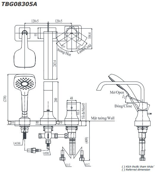 ban-ve-toto-tbg08305aa Bản vẽ kích thước vòi sen bồn tắm Toto TBG08305AA