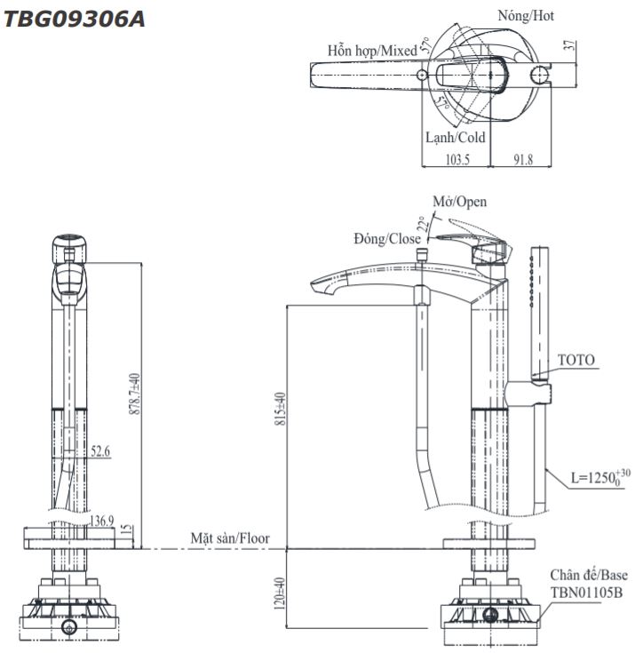 ban-ve-toto-tbg09306a Bản vẽ vòi xả bồn đặt sàn Toto TBG09306A TBN01105B