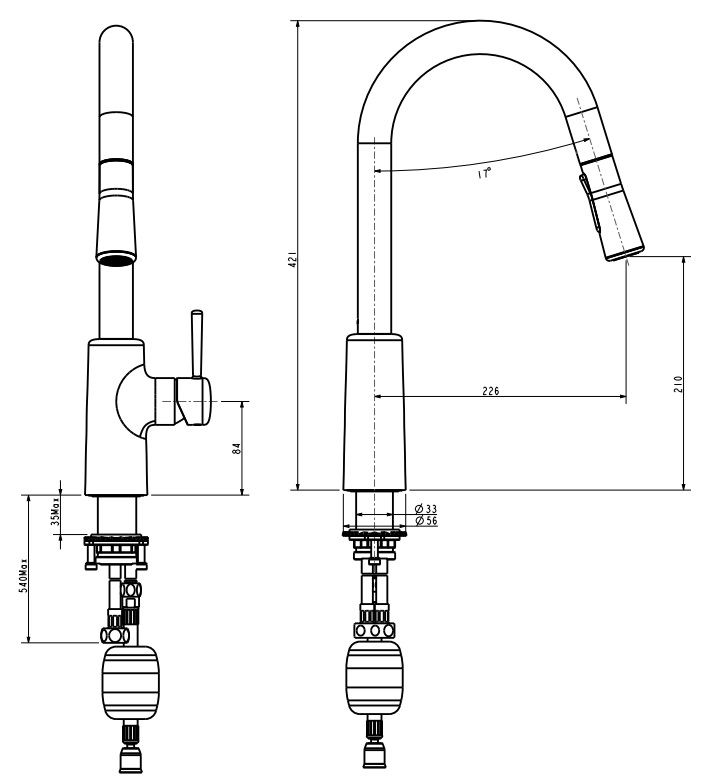 ban-ve-voi-bep-american-standard-1009160000 Bản vẽ kích thước vòi rửa chén rút dây American 1009160000