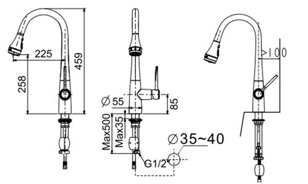 ban-ve-voi-bep-american-wf-5634 Bản vẽ kích thước vòi rửa chén rút dây American WF5634