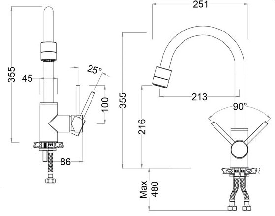 ban-ve-voi-caesar-k325c Bản vẽ kích thước vòi rửa bát Caesar K 325C