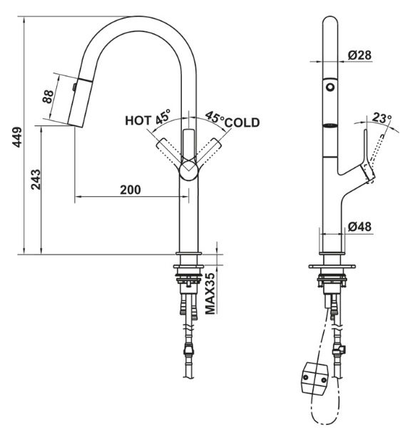Bản vẽ vòi bếp Hafele 570.85.044 nóng lạnh 
