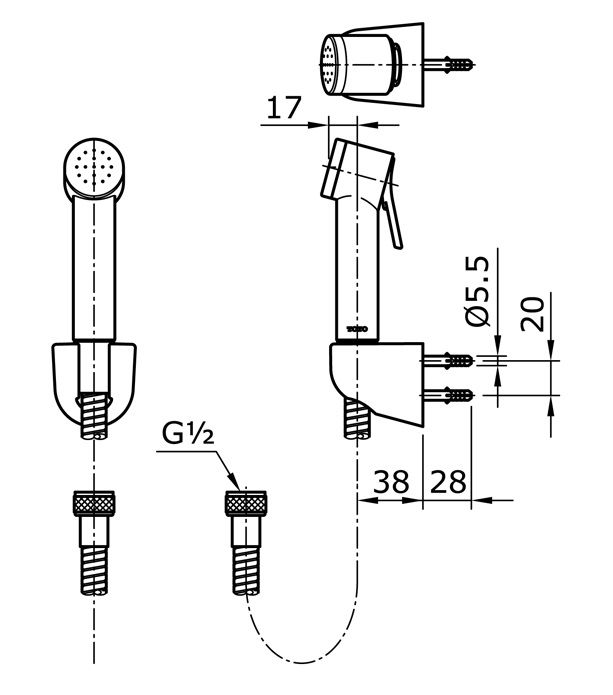 ban-ve-voi-xit-toto-thx20sev1-pfg Bản vẽ kích thước dây vòi xịt TOTO THX20SEV1-PFG