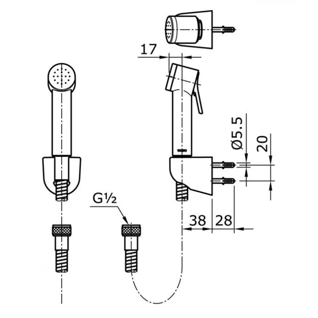 Bản vẽ kích thước dây vòi xịt TOTO THX20SEV1-BFG