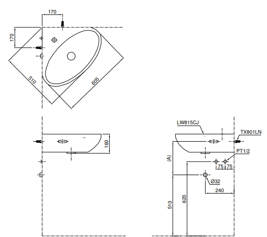 lavabo-goc-toto-lw815 Bản vẽ kỹ thuật Chậu lavabo đặt góc LW815CJW/F