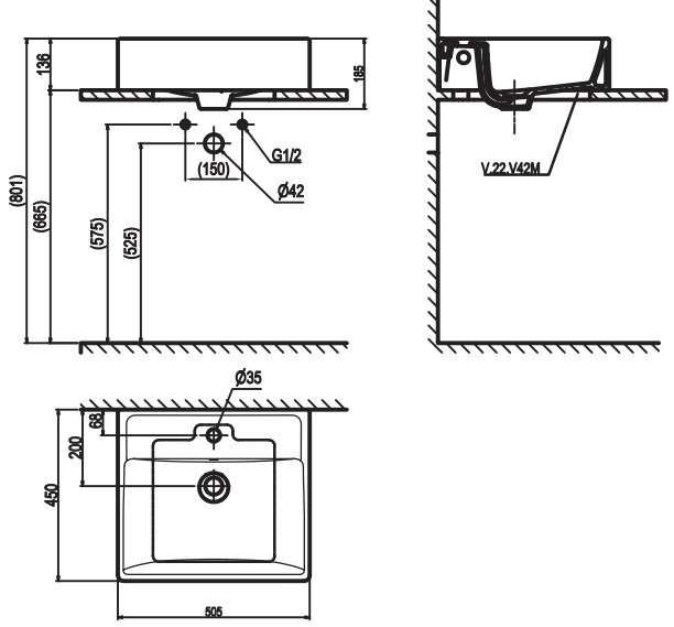 lavabo-viglacera-v42m Bản vẽ kỹ thuật chậu rửa mặt Viglacera V42 M