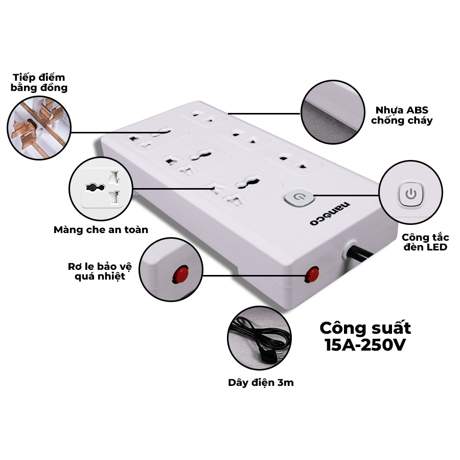 Nanoco Ổ Cắm Có Dây - 3 Ổ Cắm Đa Năng 3 Ổ Cắm Đa Năng Và 1 Công Tắc | NES3332-3 - Ảnh 4
