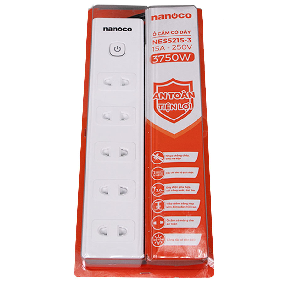 Nanoco Ổ Cắm Có Dây - 5 Ổ Cắm 2 Chấu Và 1 Công Tắc | NES5215-3 - Ảnh 2