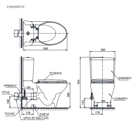 Bản vẽ kỹ thuật bàn cầu xí bệt TOTO CS945PDT2