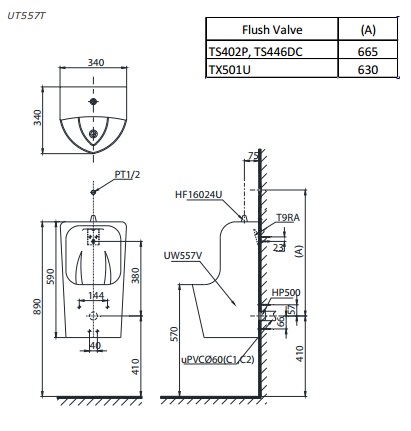 toto-ut557a-1 Bản vẽ bệ tiểu nam UT557T TOTO