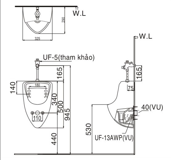 u440 Bản vẽ bệ tiểu nam treo tường U440V INAX